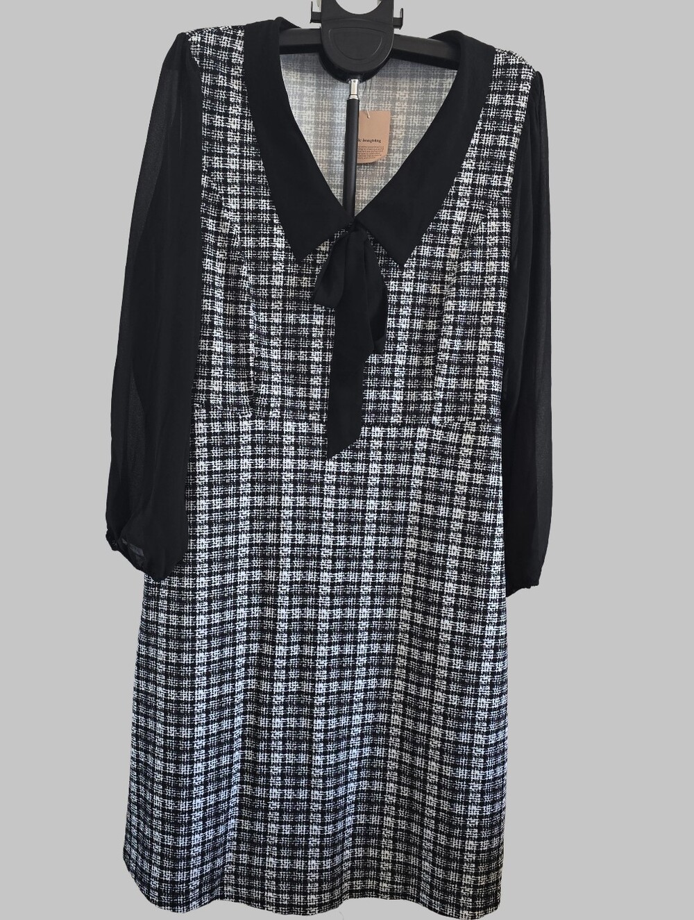 BloomChic Black & White Plaid Houndstooth Dress Sheer Long Sleeve Bow Size 22 NW